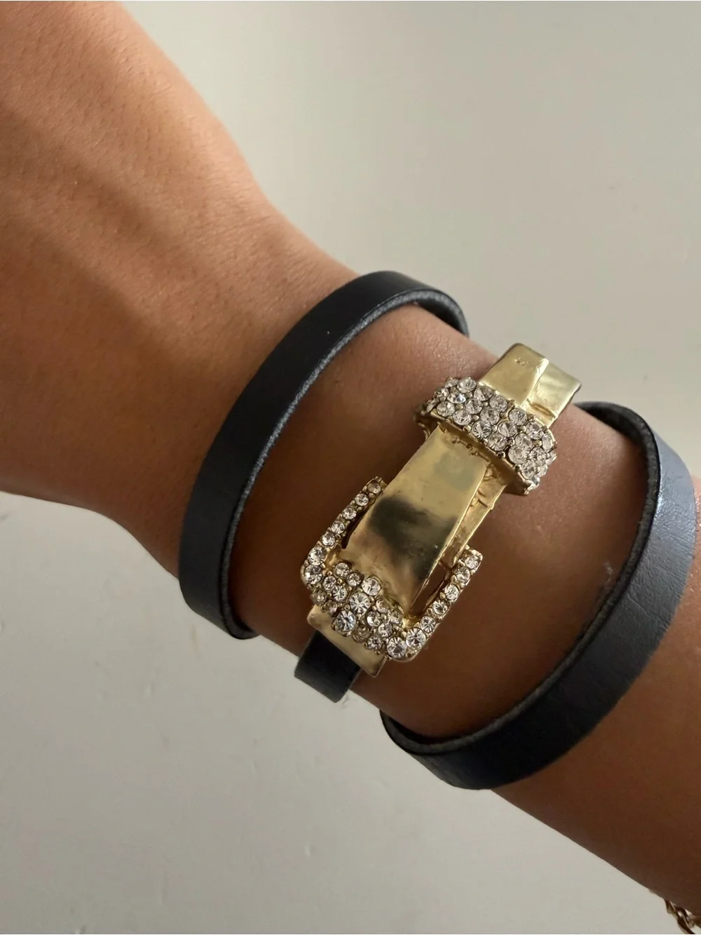 Gold Crystal Buckle Wrap Bracelet with Black Leather Straps